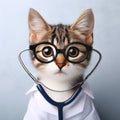 young feline dressed as a doctor with a stethoscope around the neck and glasses. ai generative