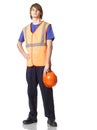 Young fellow intern, student with orange protective helmet in ha