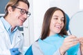 Young female adult woman patient at dentist office Royalty Free Stock Photo