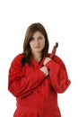 Young female apprentice with crescent wrench Royalty Free Stock Photo