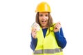 Young female architect holding salary and dancing Royalty Free Stock Photo