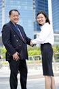 Young female Asian executive and senior Asian businessman shaking hands Royalty Free Stock Photo