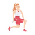 Young Female in Athletic Wear at Gym Doing Dumbbell Lunge as Physical Exercise and Workout Vector Illustration