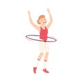 Young Female in Athletic Wear at Gym with Hula Hoop Doing Physical Exercise and Workout Vector Illustration