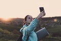 Travel female backpacker selfie blogging, vacation, vlogging Royalty Free Stock Photo