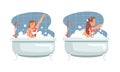 Young Female Bathing in the Bathtub Washing Body with Shampoo Vector Illustration Set
