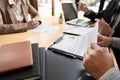 A Young Female Business women Applicant In Office Male Manager Interviewing holding resume and speaking to employer, job Interview Royalty Free Stock Photo