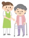 Young female caregiver assisting with a senior woman using a walker