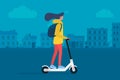 Young female character with backpack ride modern urban transport electric kick scooter. Active hipster adult millennial