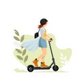 Young female character with backpack ride modern urban transport electric kick scooter. Active hipster adult millennial