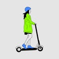 Young female character with backpack ride modern urban transport electric kick scooter.