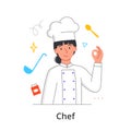 Young female character is enjoing working as a chef on white background