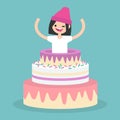 Young female character jumping out of a cake / flat editable vector illustration, clip art