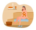 Young female character is relaxing in hot sauna bath.