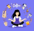 Young Female Character Sitting In Lotus Pose, Coffee Items Levitate Around. Girl Barista Wearing Apron Meditating On