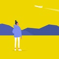 Young female character spotting a plane, outdoor leisure, modern lifestyle