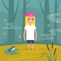Young female character stuck in the swamp / flat editable vector
