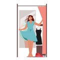 Young Female Character Trying on Clothes in Dressing Room at Store, Woman in New Dress Stand in Cabin with Mirror Royalty Free Stock Photo