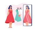 Young Female Character Trying on Clothes in Dressing Room at Store, Woman in New Dress Stand in Cabin with Mirror Royalty Free Stock Photo