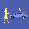 Young female character using a car sharing mobile app service
