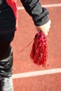 Young female cheerleaders holding pom-poms during competitions