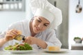 Young female chef preparing tasty salad in kitchen Royalty Free Stock Photo