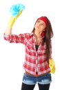 Young female cleaner in red shirt, isolated