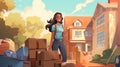 Young female college student moving her stuff out of home to a college dorm with her smiling parents in the background Royalty Free Stock Photo