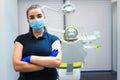 Young female dentist doctor in mask stands in the office with his arms crossed. Royalty Free Stock Photo