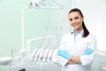 Young female dentist in white coat at workplace. Royalty Free Stock Photo