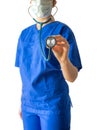 Young female doctor in blue medical uniform holding stethoscope Royalty Free Stock Photo