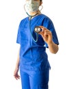 Young female doctor in blue medical uniform holding stethoscope Royalty Free Stock Photo