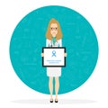 Young female doctor with blue ribbon prostate cancer awareness concept Royalty Free Stock Photo