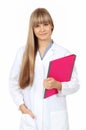 Young female doctor hold a pink folder