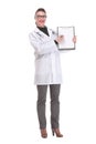 Young female doctor holding empty folder with files of desease illness. Specialist point by pen blank clipboard