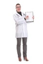 Young female doctor holding empty folder with files of desease illness. Specialist point by pen blank clipboard