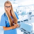 Young female doctor in ICU. Royalty Free Stock Photo
