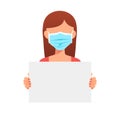 Young female doctor in medical mask protesting banner, vector illustration isolated on white background. Pandemic protest concept