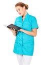 Young female doctor or nurse holding black notes Royalty Free Stock Photo