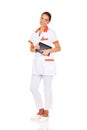 Young female doctor or nurse holding black notes Royalty Free Stock Photo