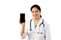 Young female doctor showing mobile phone