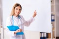 The young female doctor standing in front of the white board Royalty Free Stock Photo