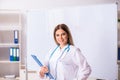 The young female doctor standing in front of the white board Royalty Free Stock Photo