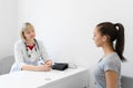 Young female doctor talking with female patient. Listens to the patient complains