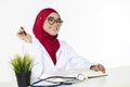 Doctor thinking her vision and career path while sitting at her table Royalty Free Stock Photo