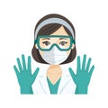 Young female doctor wearing the n95 respiratory protection mask, glasses and gloves, against infectives diseases. Vector