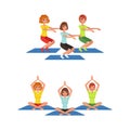 Young Female Doing Yoga and Squatting on Mat Vector Set