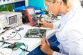 Young female electronic engineer soldering computer motherboard Royalty Free Stock Photo