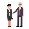 Young female employee and senior businessman shaking hands and s