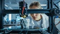 Young female engineer observing a 3D printer creating a prototype in a modern laboratory Royalty Free Stock Photo